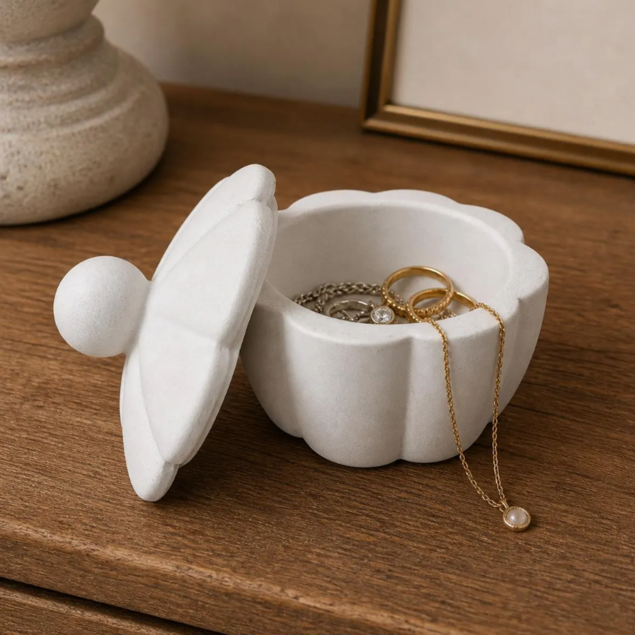 Scalloped Edge Concrete Jar | Trinket Box | Jewelry Box | Modern