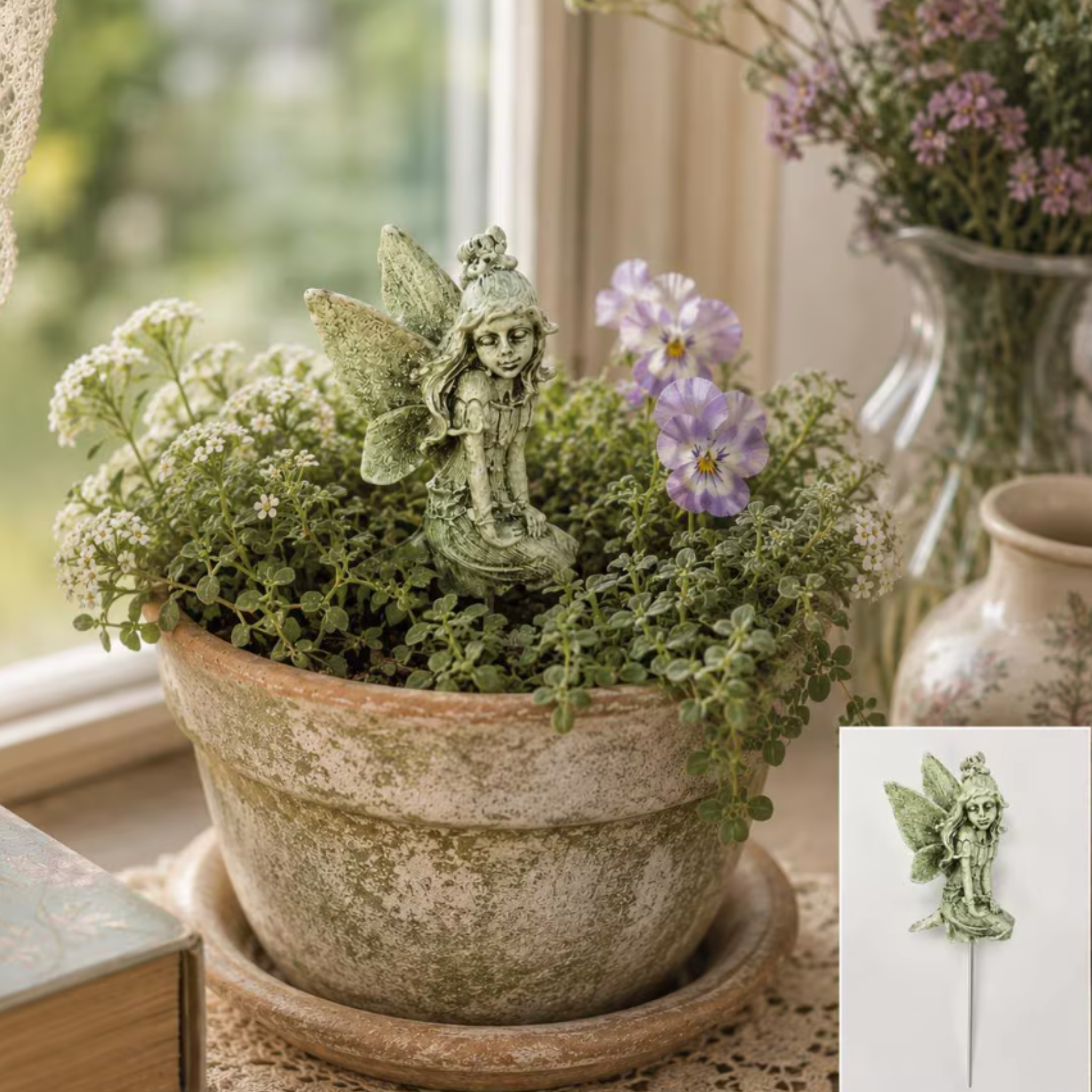 Mini Fairy Plant Stake | Concrete Fairy Garden Statue | Fairy Figurine