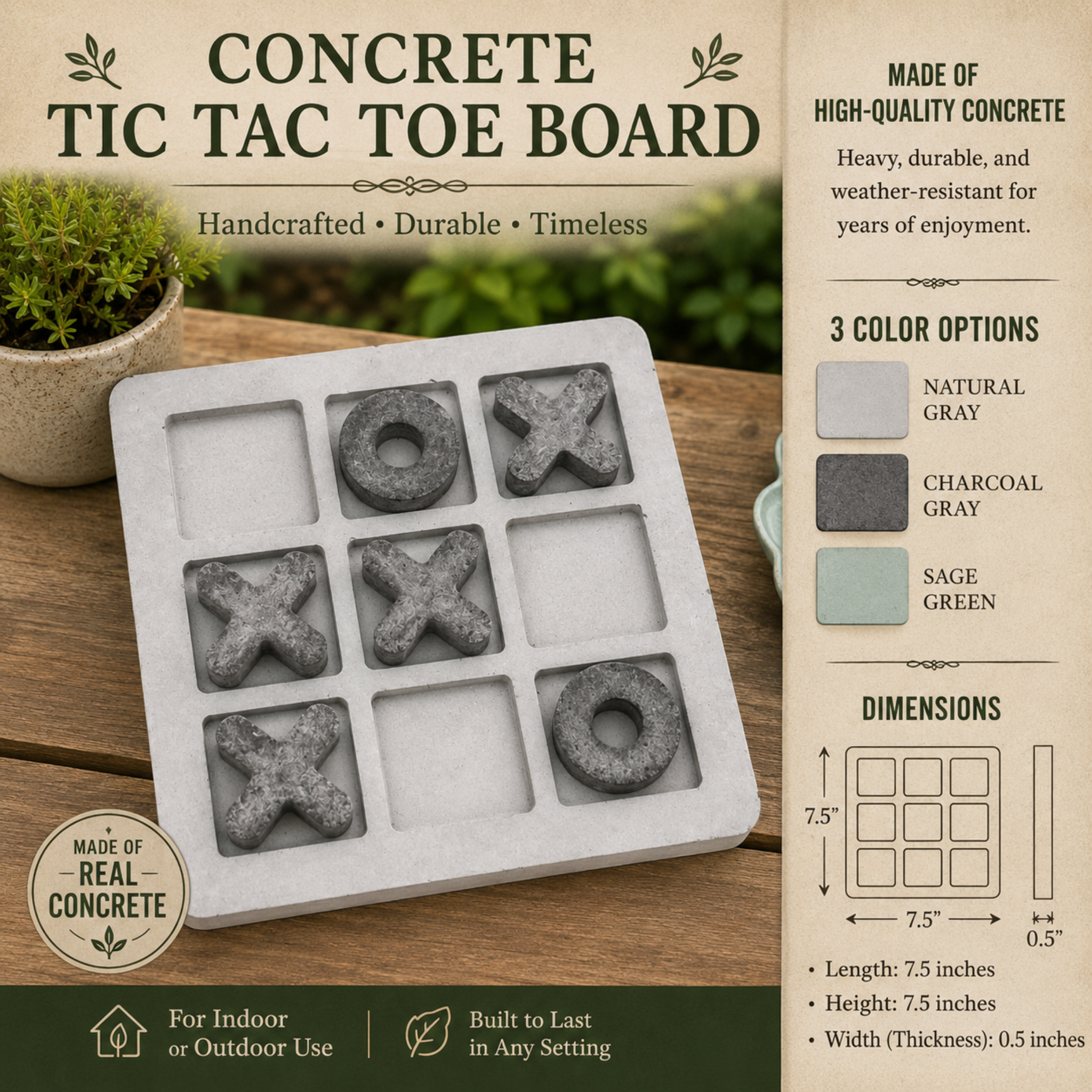Concrete Tic Tac Toe Board | Outdoor Games | Rustic Decor
