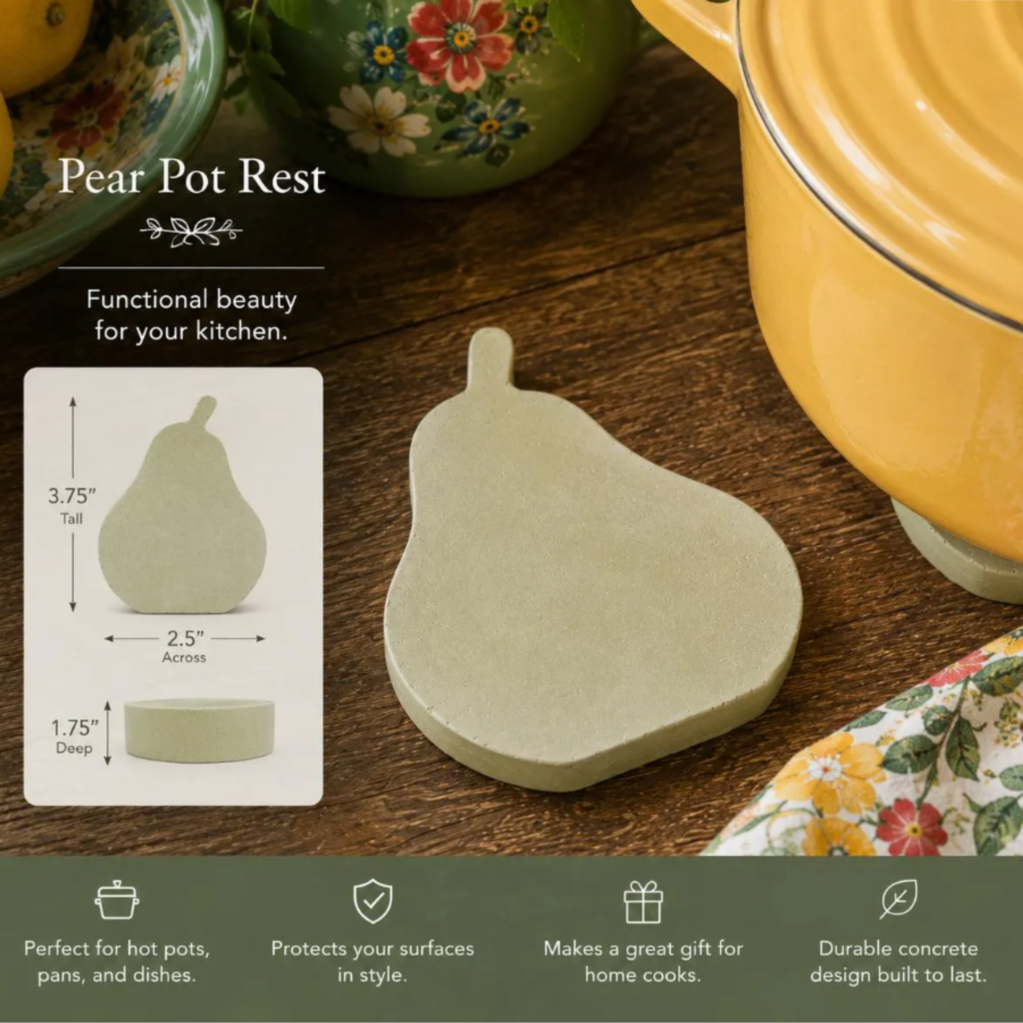 Concrete Pears | Fruit Trivet Set Pot Rests | Pear-Shaped Coasters