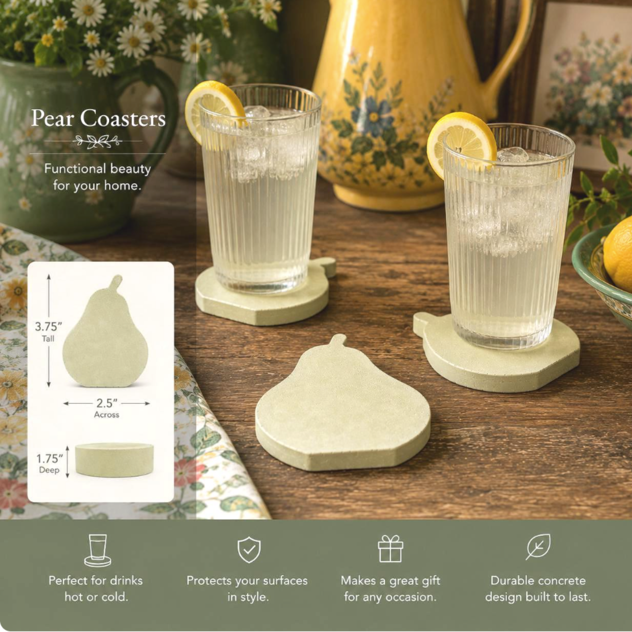 Concrete Pears | Fruit Trivet Set Pot Rests | Pear-Shaped Coasters