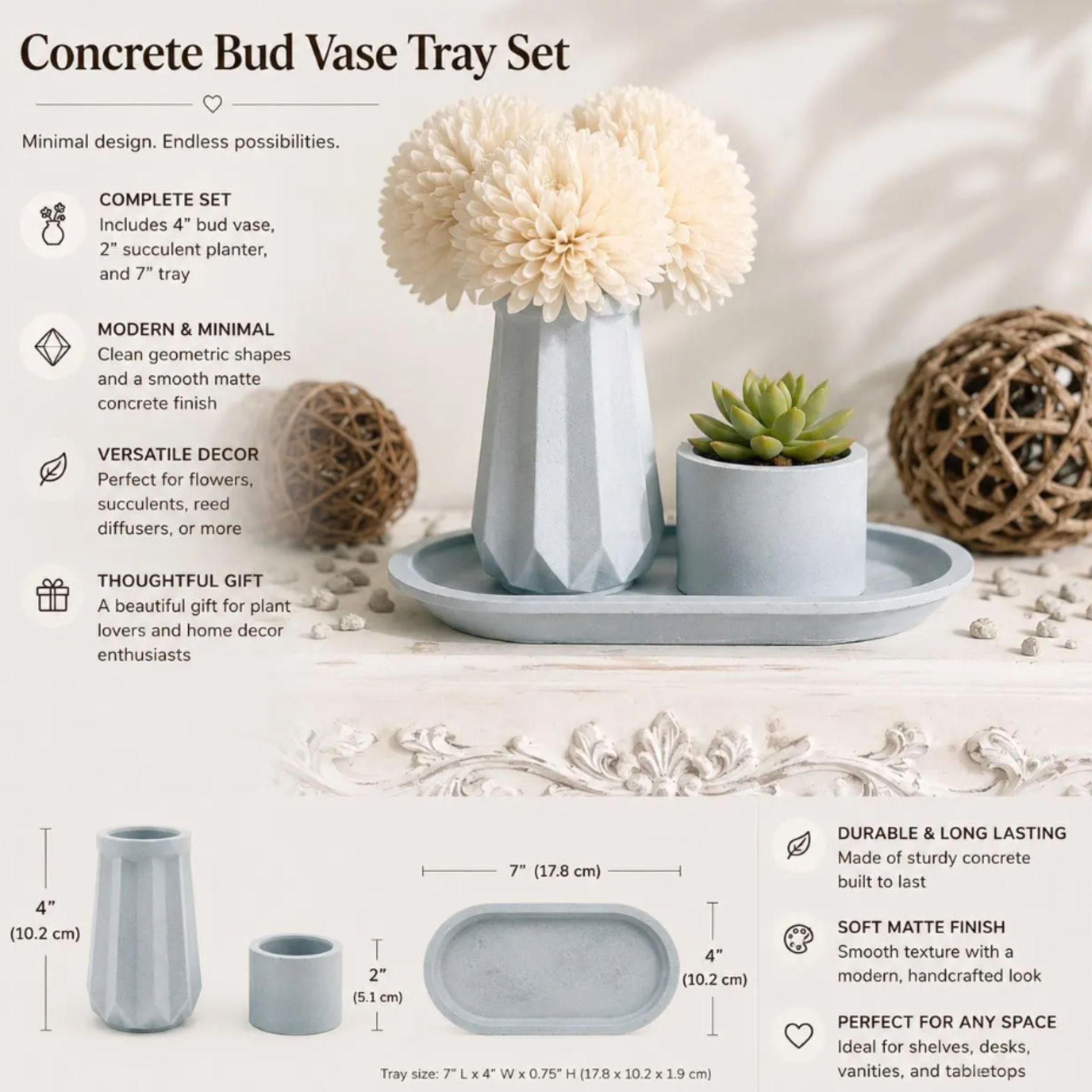 Concrete Organizer Set | Desk Storage | 3pcSet | Bud Vase with Match Holder