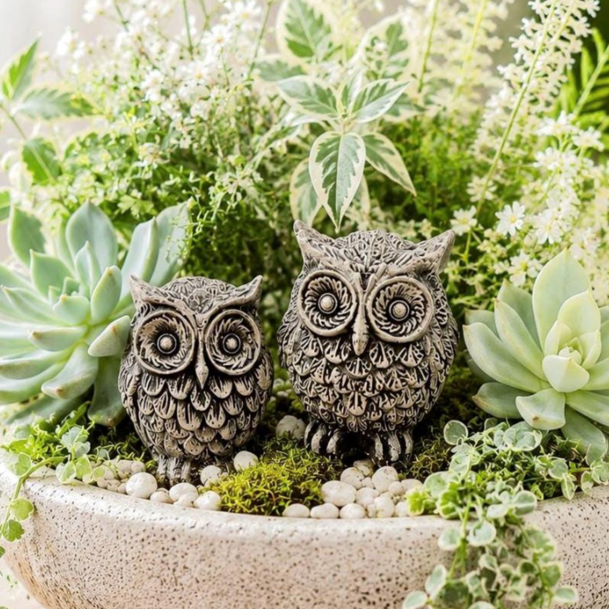 Miniature Owl Statues | Concrete Planter Decor Garden Statues