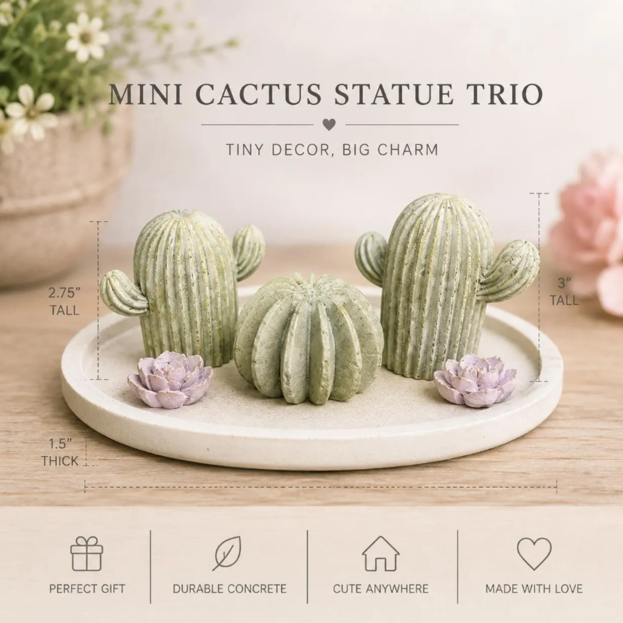 Miniature Cactus Statues | Set of 3 Faux Cacti | Artificial Concrete Plants