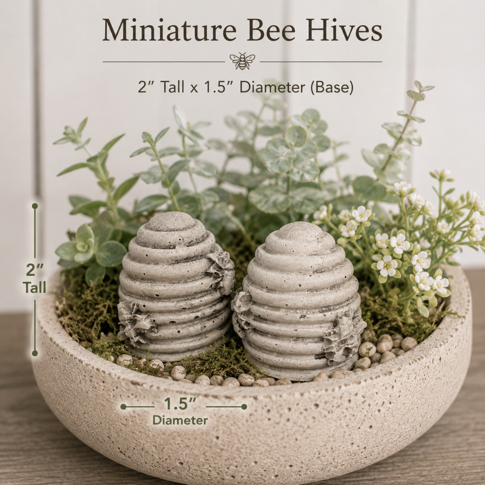 Miniature Beehive Statues 2pc | Concrete Fairy Garden Decor | Planter Accents