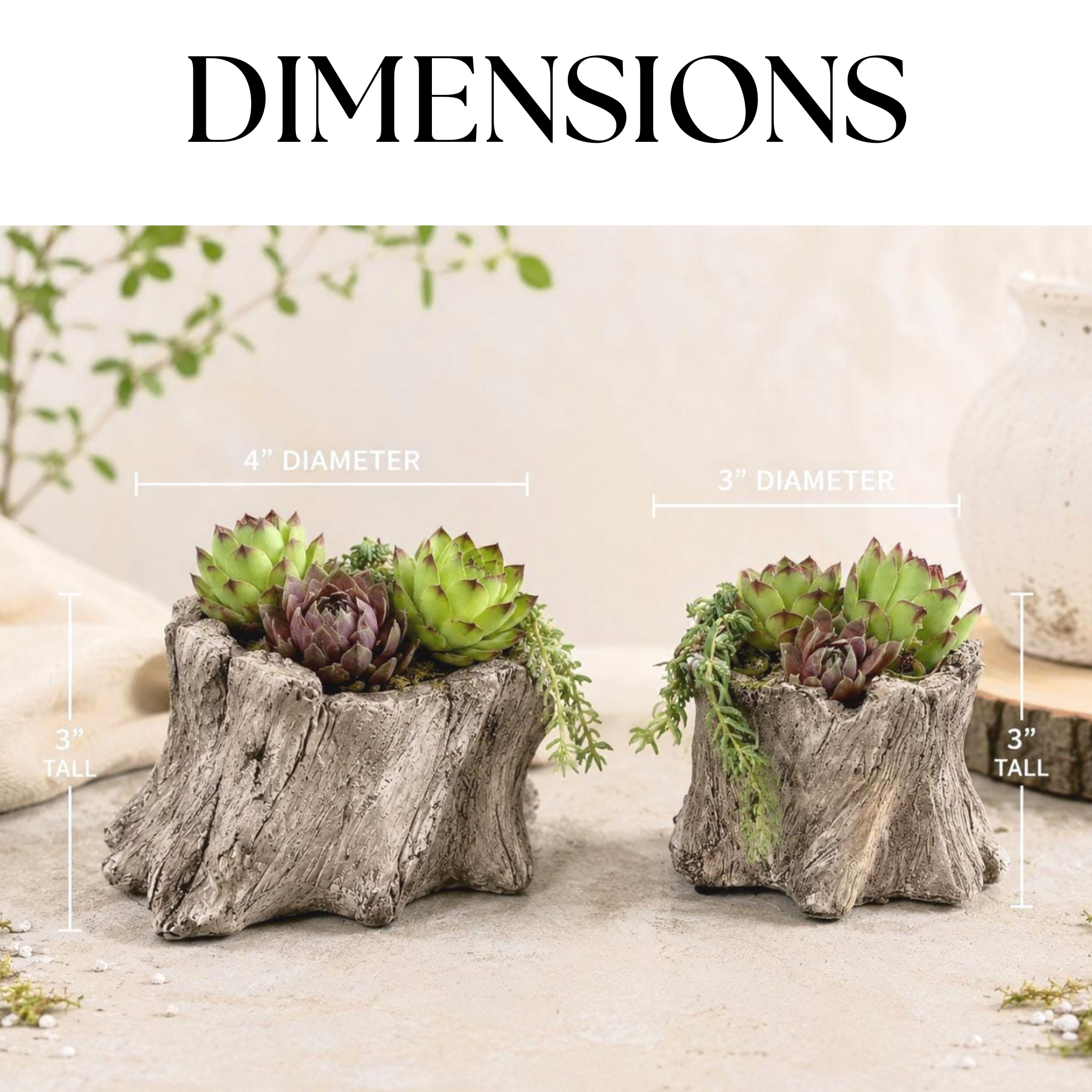 Tree Stump Planters | Set of Two Concrete Wood Grain Succulent Planters