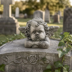 Stone angel sculpture on a gravestone in a cemetery