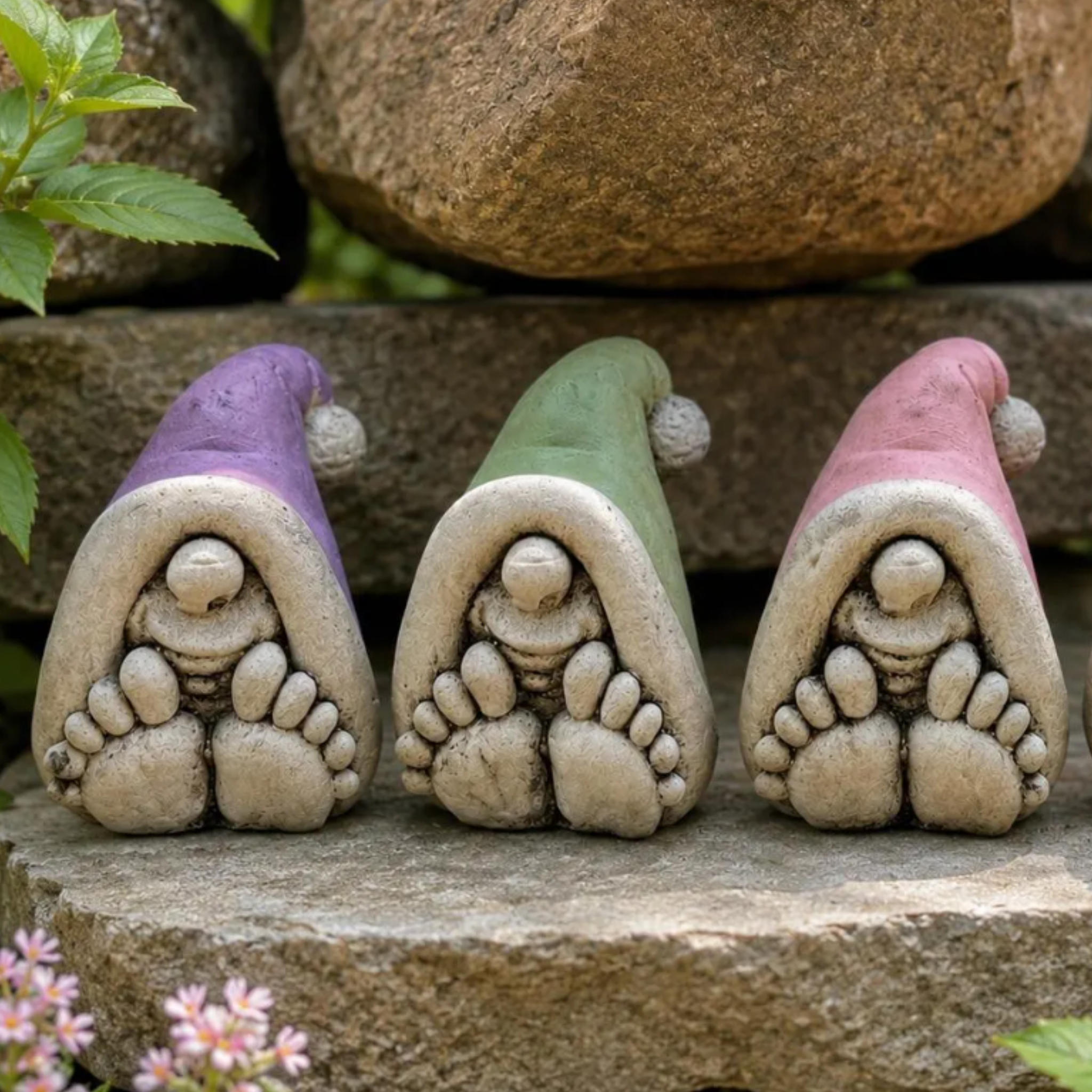 Three small garden gnome figurines with colorful hats on a stone surface.