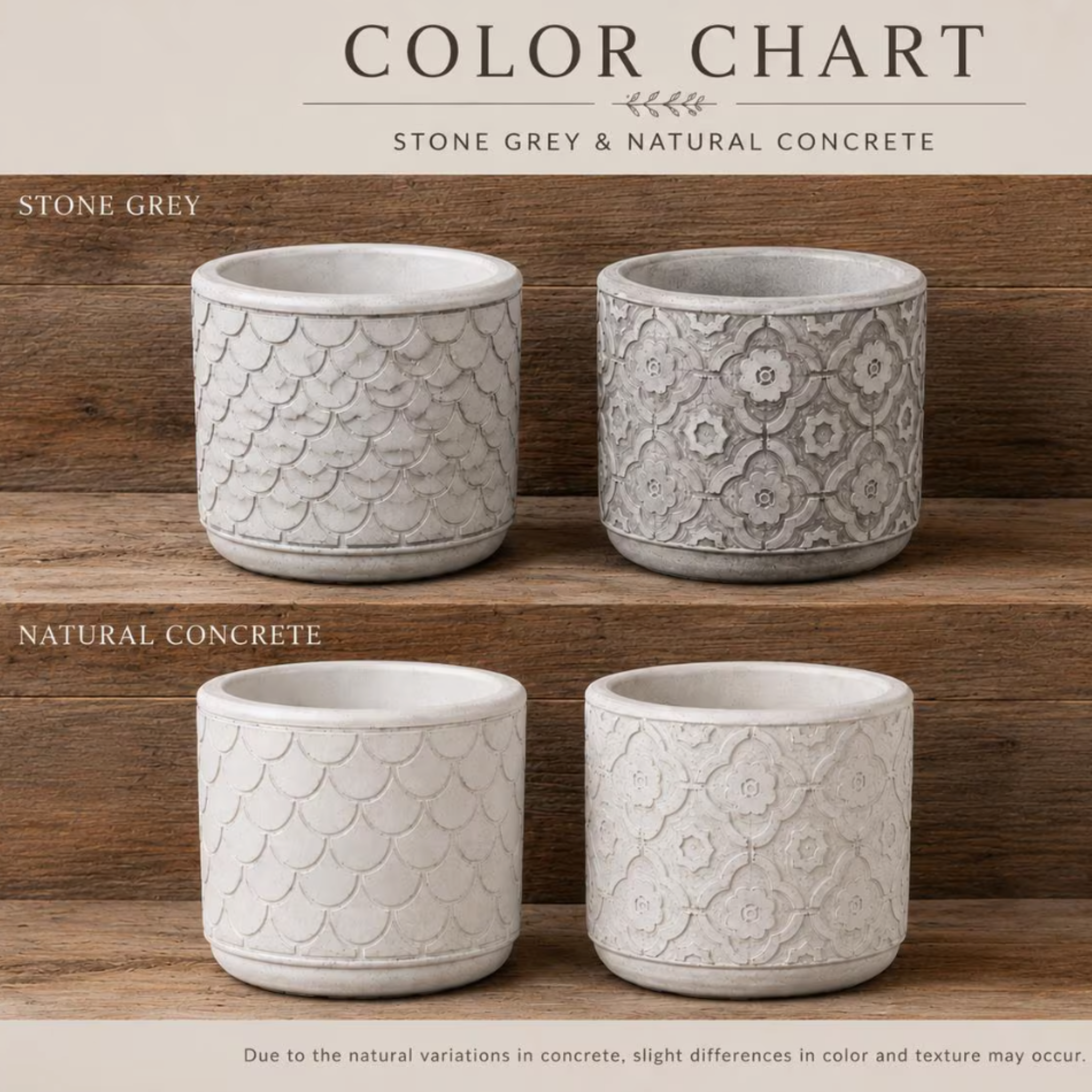 Engraved or embossed concrete planter set showing colors