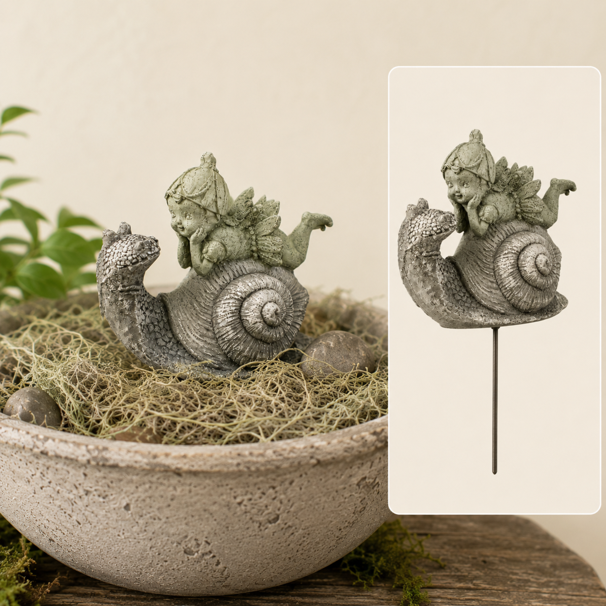 Fairy on Snail Statue | Fairy Garden Decor | Planter Accent