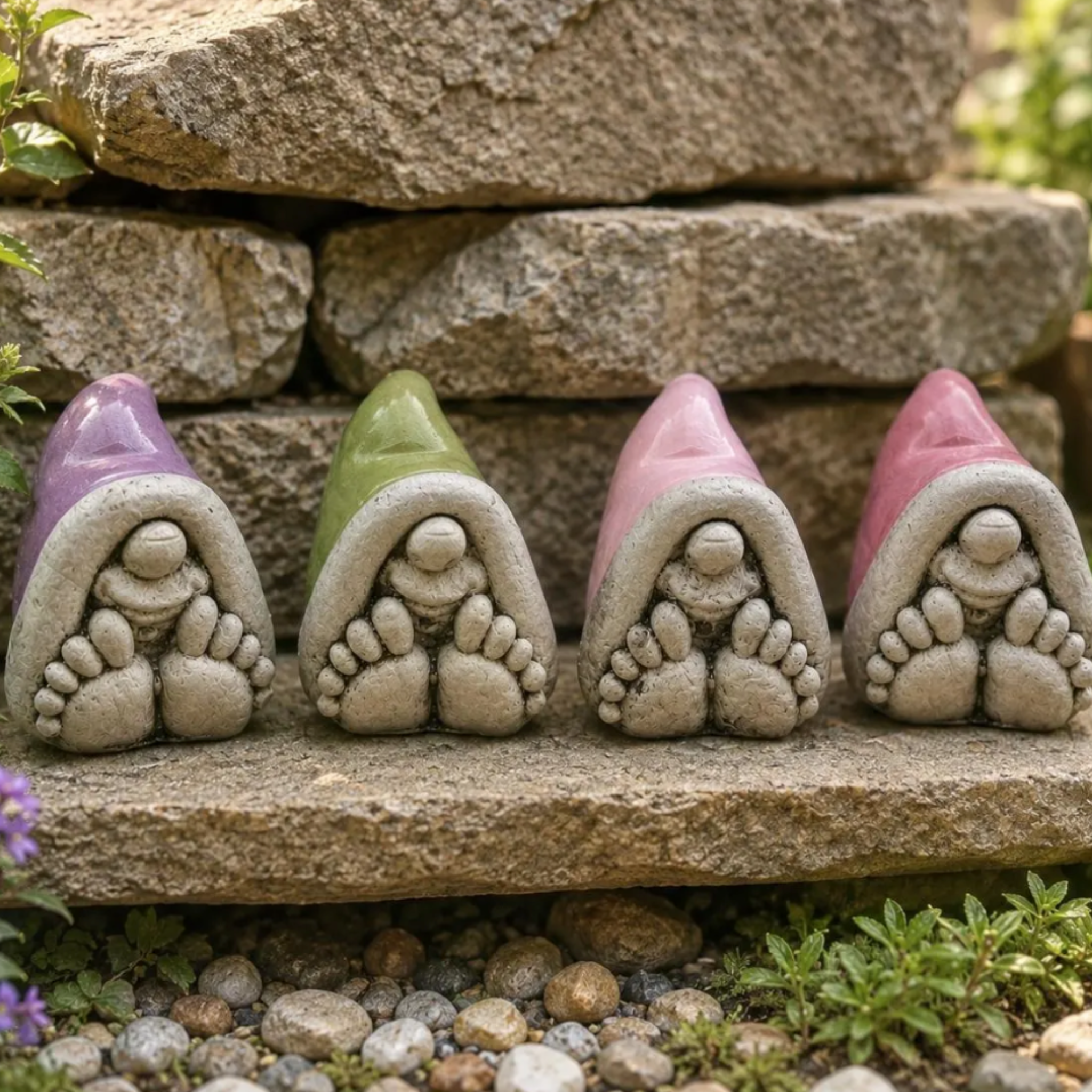 Four garden gnomes with colorful hats and big feet and toes. Gnomes are displayed on a brown stone outdoors. 