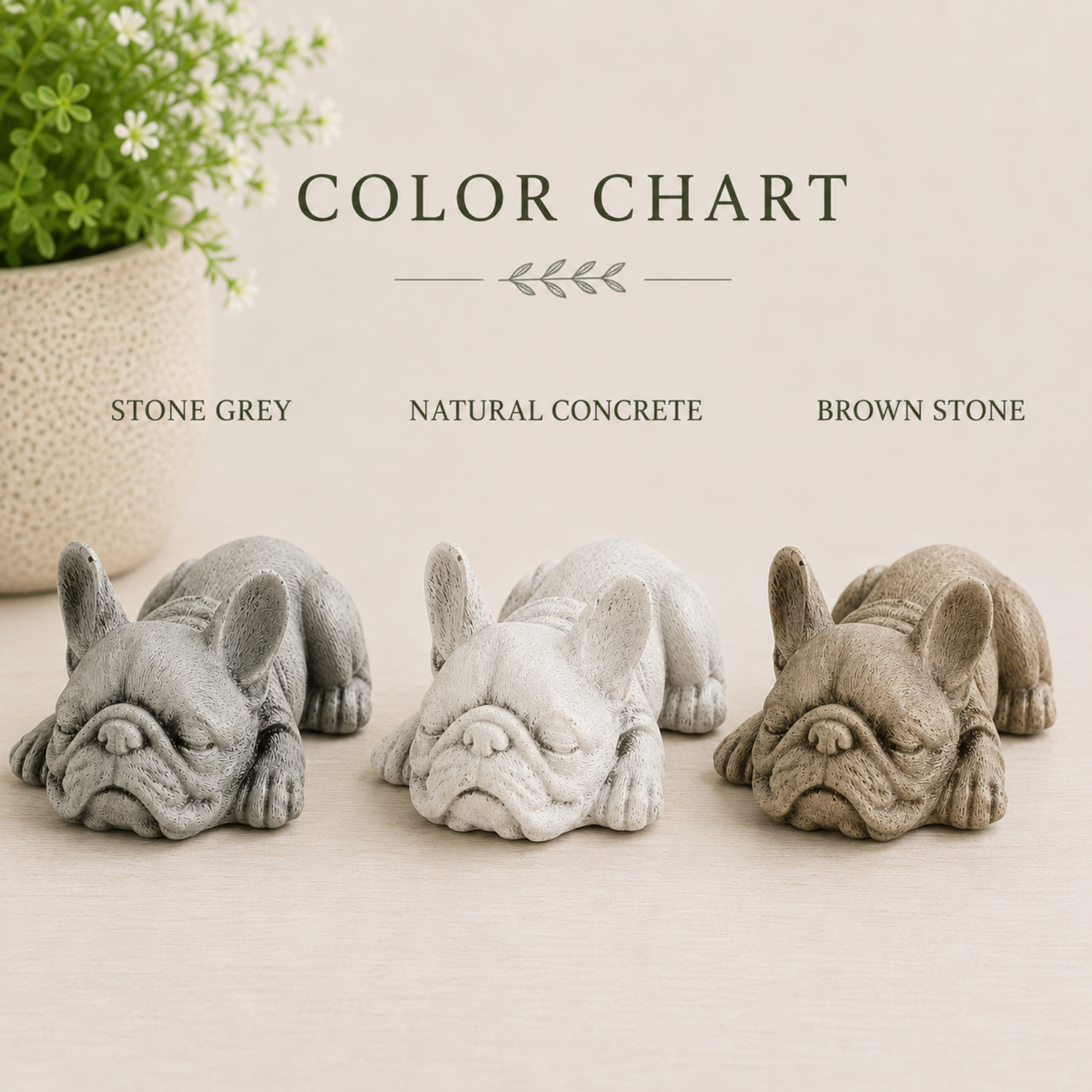 Three stone French bulldog figurines in different colors on a neutral background with 'Color Chart' text.