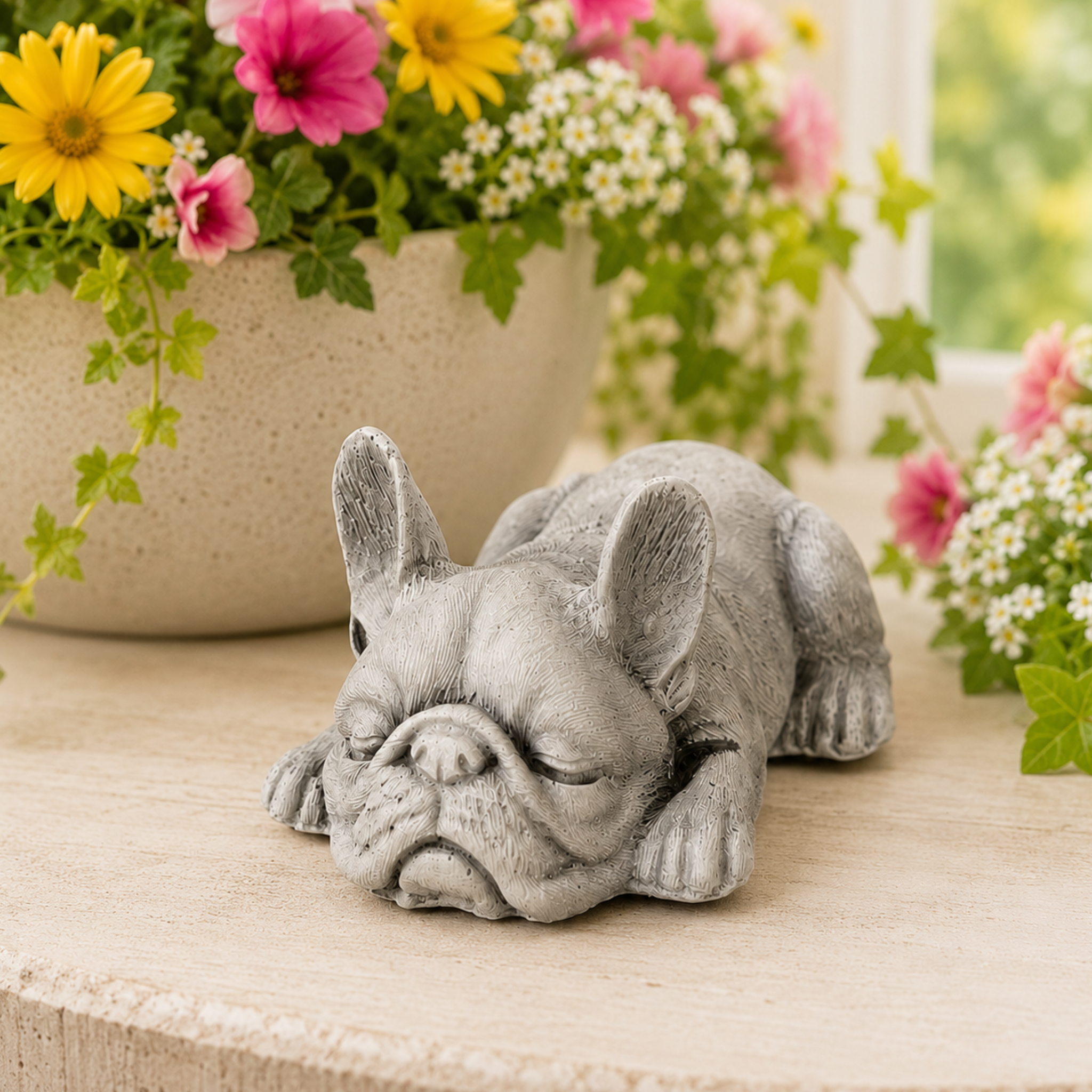 Gray French bulldog figurine on a wooden surface with flowers in the background