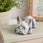 Decorative stone sculpture of a French bulldog on a surface with a plant and framed picture in the background