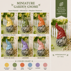 Miniature garden gnome set with color chart against a garden background