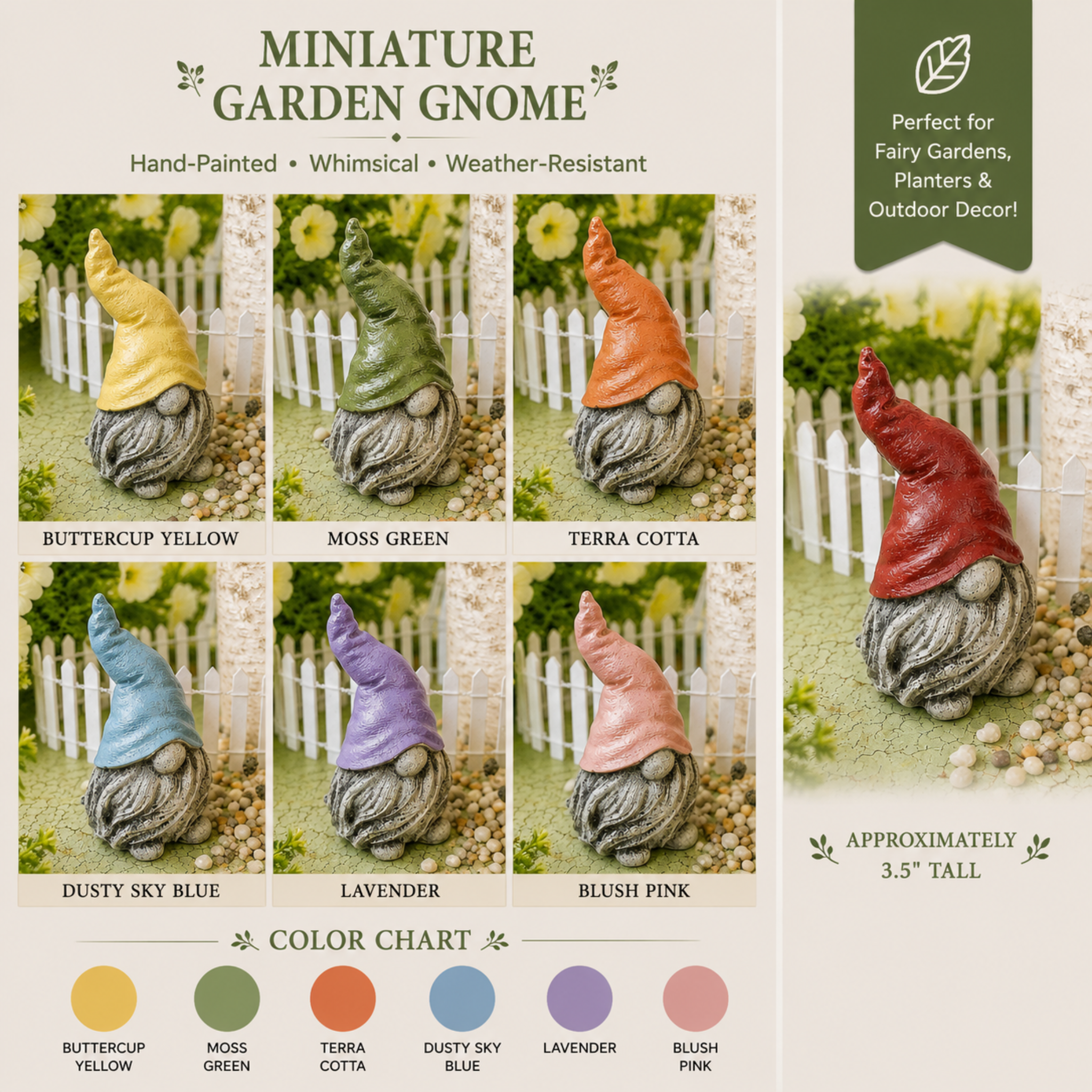 Miniature garden gnome set with color chart against a garden background