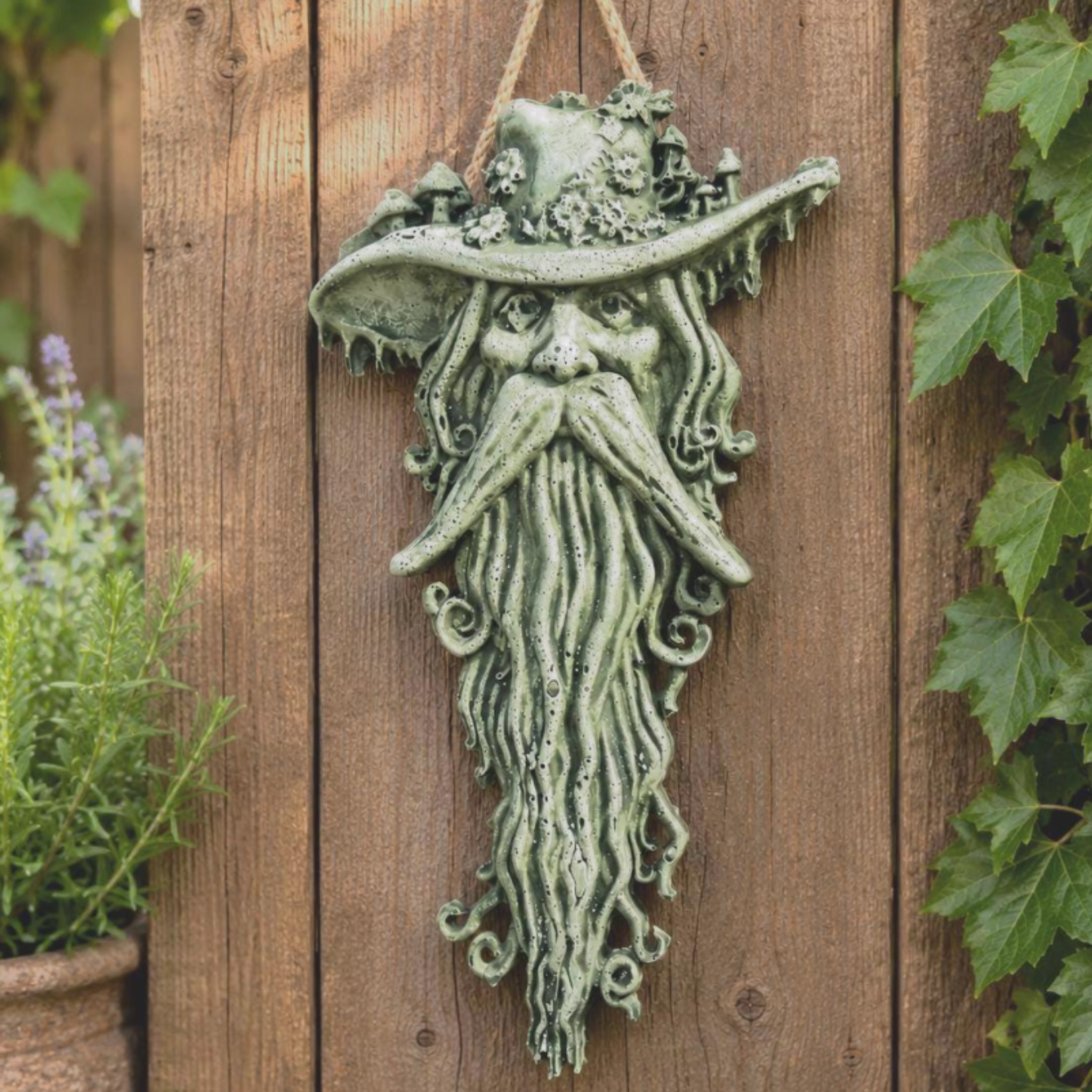 Long Beard Greenman Hanging Garden Plaque with Mushroom Accents