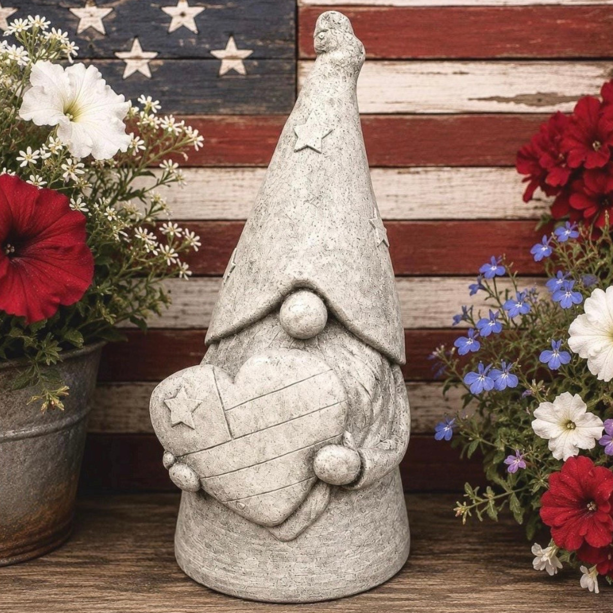 Star Hat Gnome Holding American Flag Heart