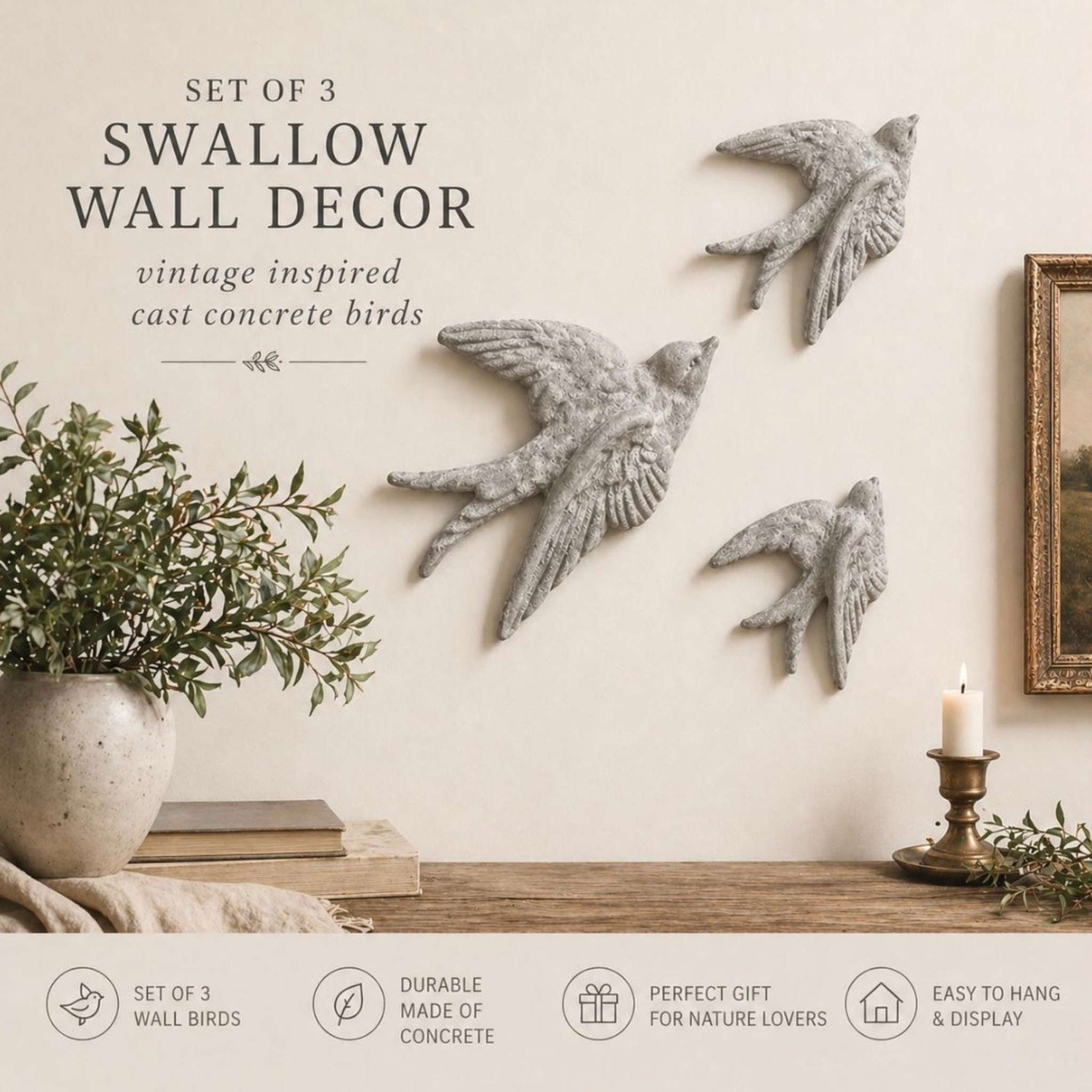 Concrete Wall Swallows | Bird Hanging Statues