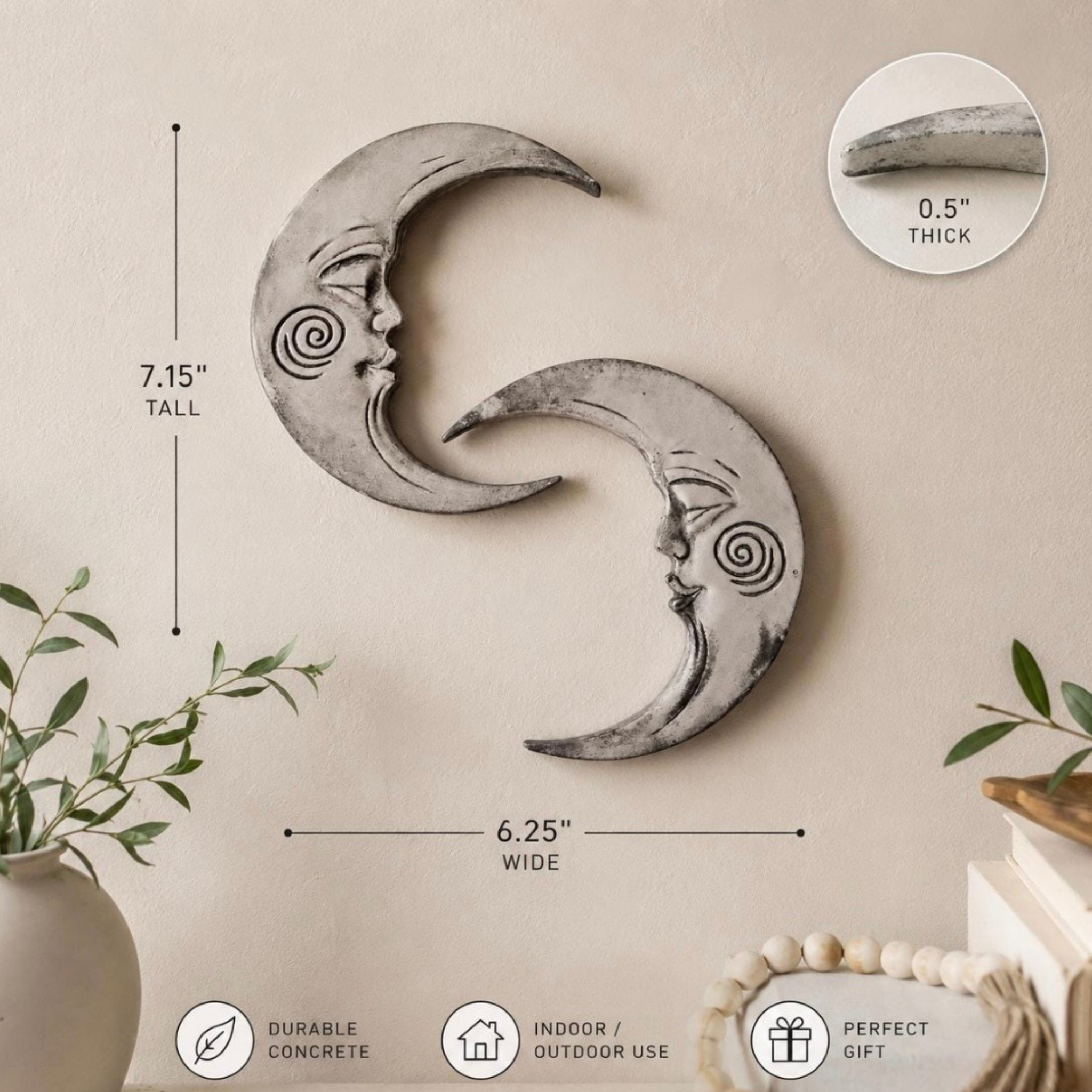 Crescent Moons Concrete Wall Decor Set of 2