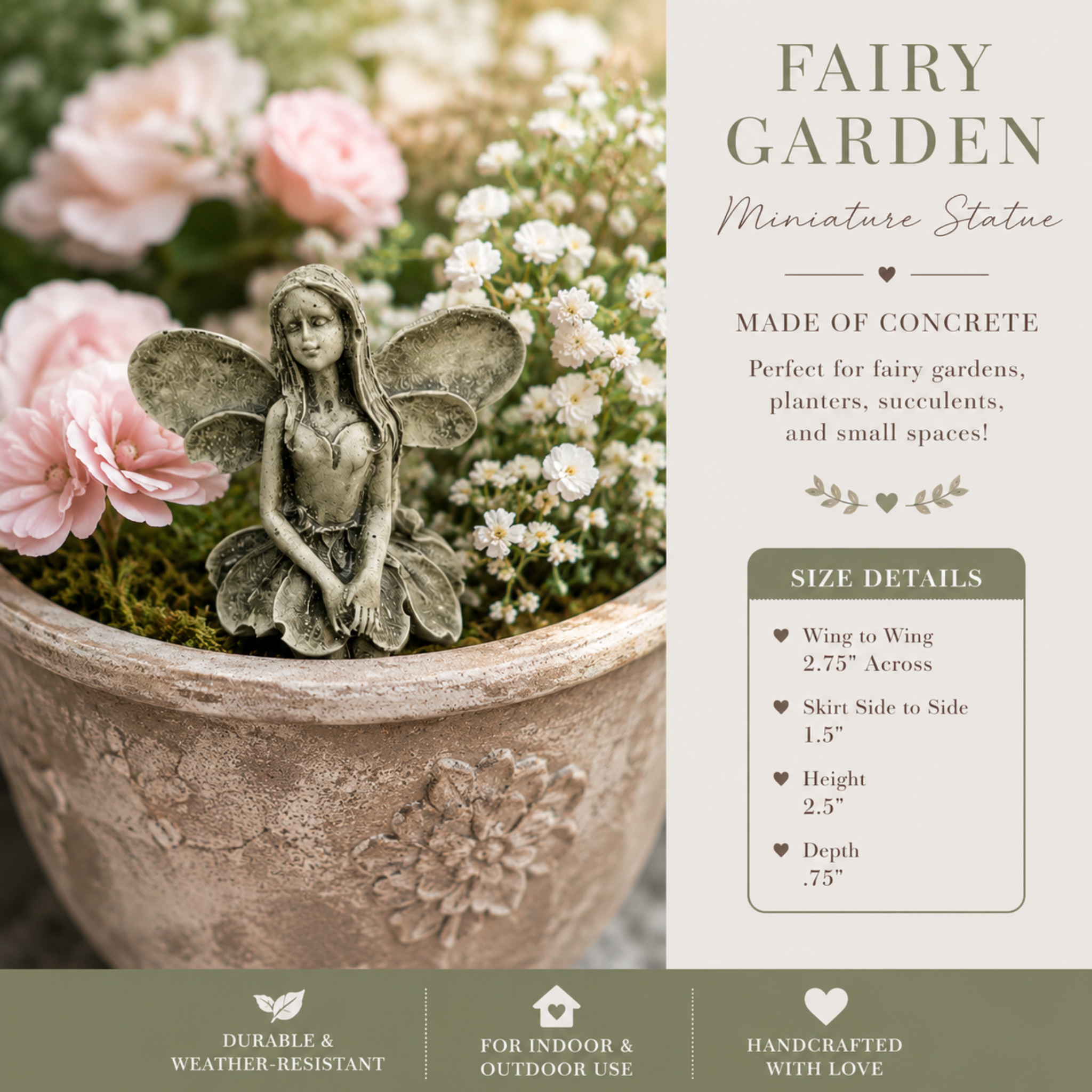 Miniature Fairy Plant Stake | Concrete Fairy Statue for Gardens, Wreaths, & Plant Decor
