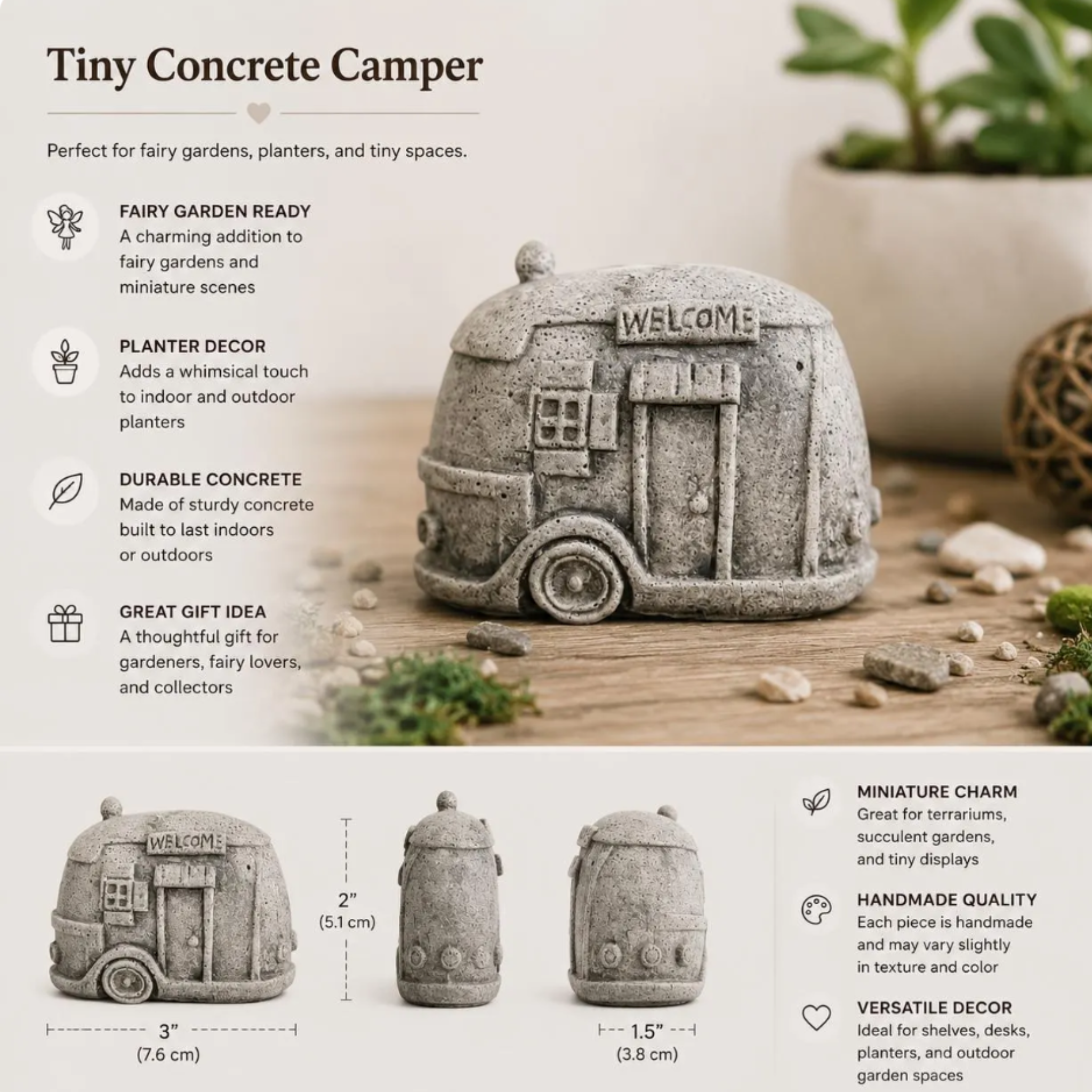 Miniature Concrete Camper Statue | Fairy Garden Decor | Planter Accent
