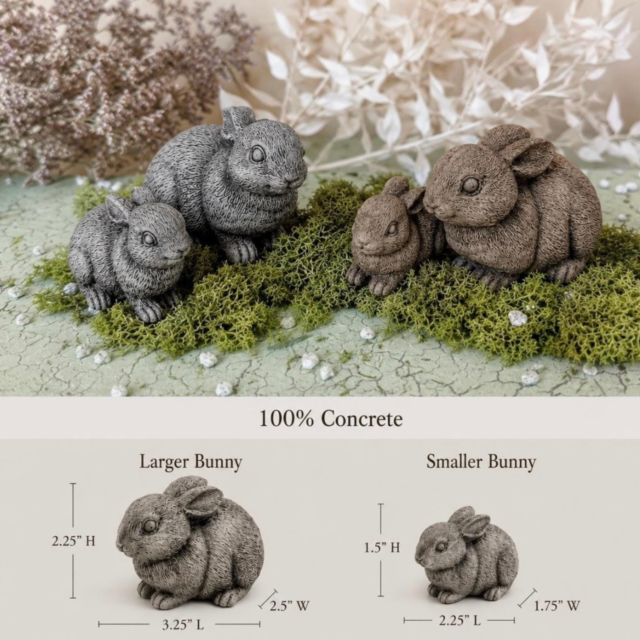 Concrete rabbit sculptures on a decorative surface with measurements below.