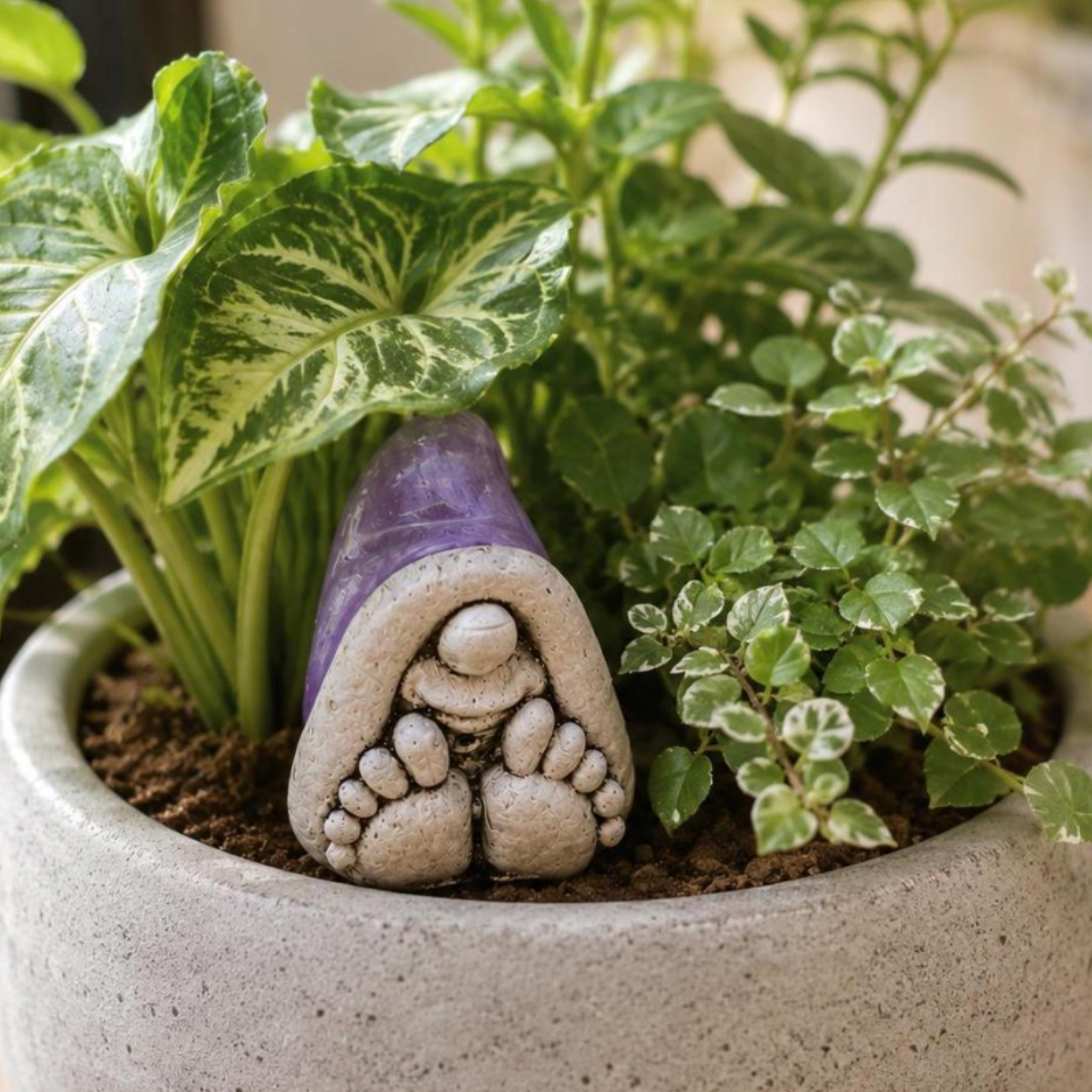 Small stone concrete gnome figurine with purple hat and big feet in a potted plant