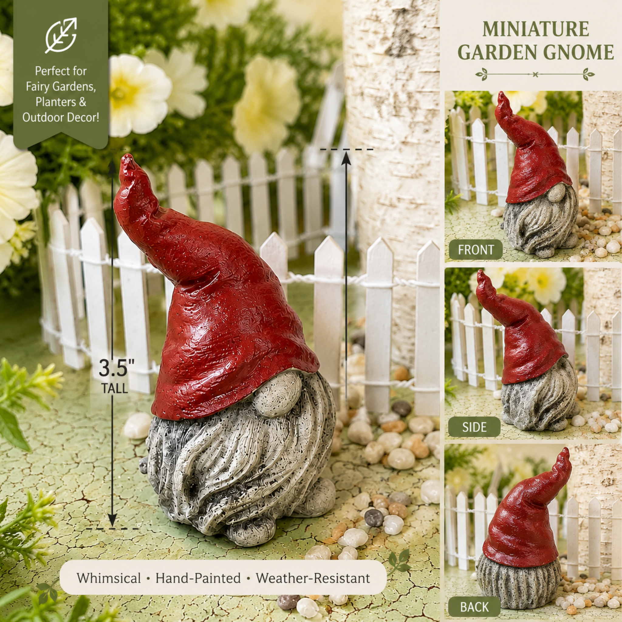 Miniature garden gnome with red hat and gray beard, shown from front, side, and back views, on a decorative background. 3.5 inches tall. 