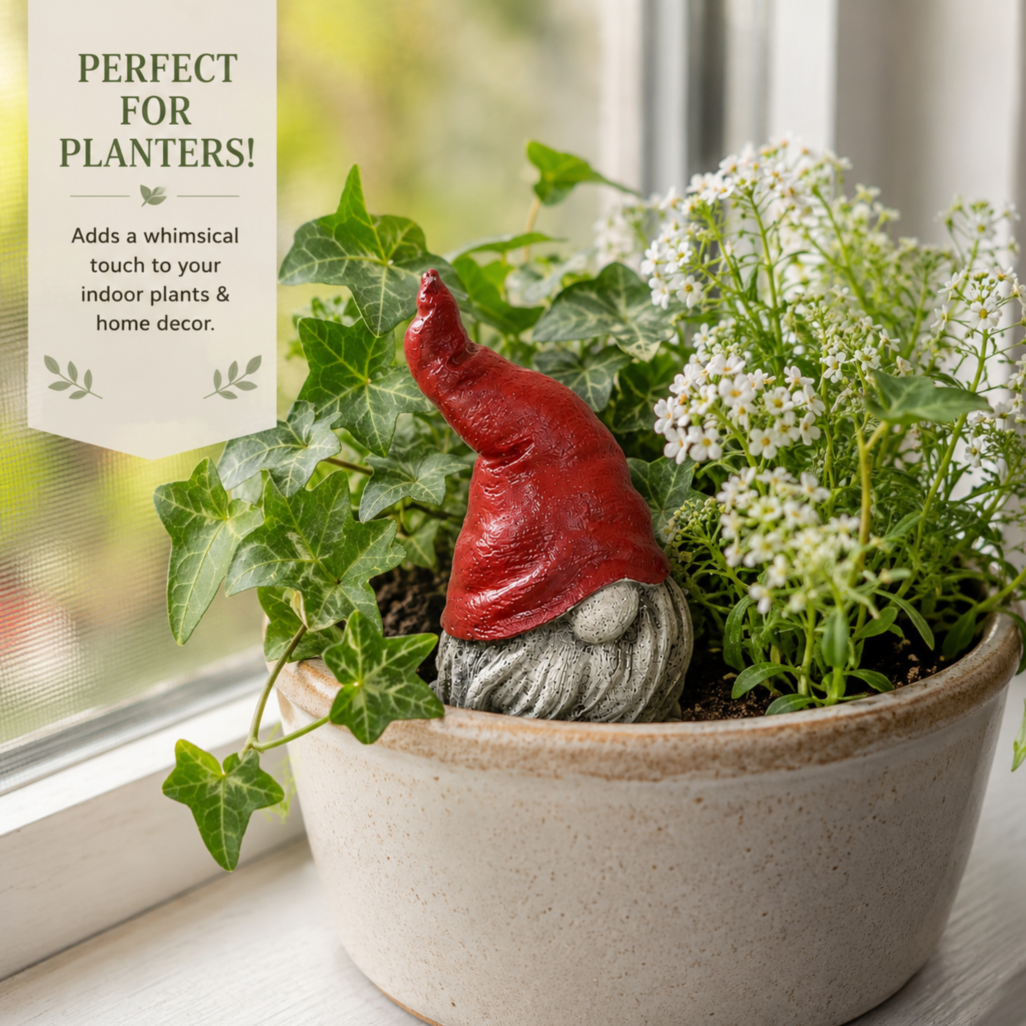 Gnome figurine in a pot with plants on a windowsill