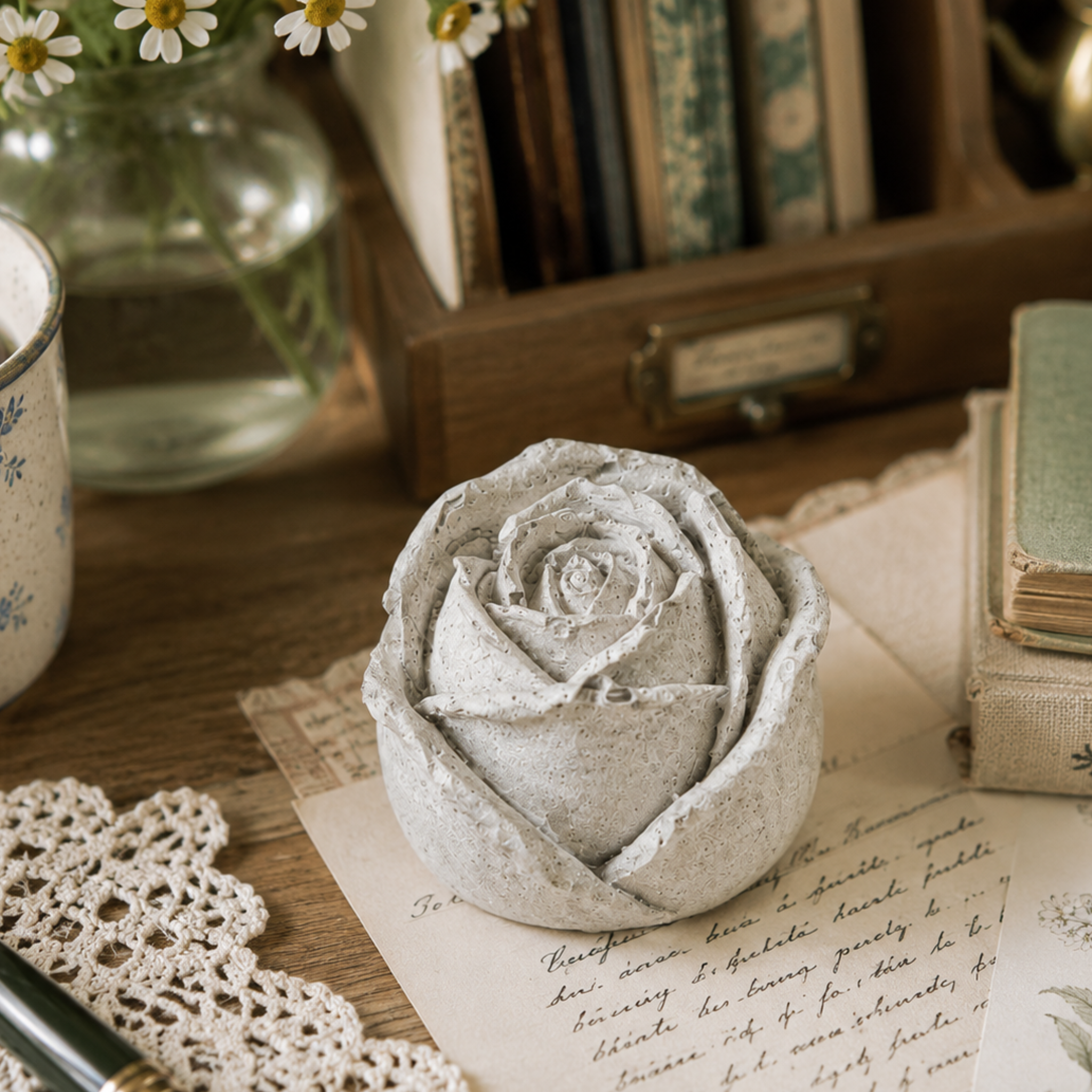 Large Rose Paperweight Statue | Faux Concrete Rose