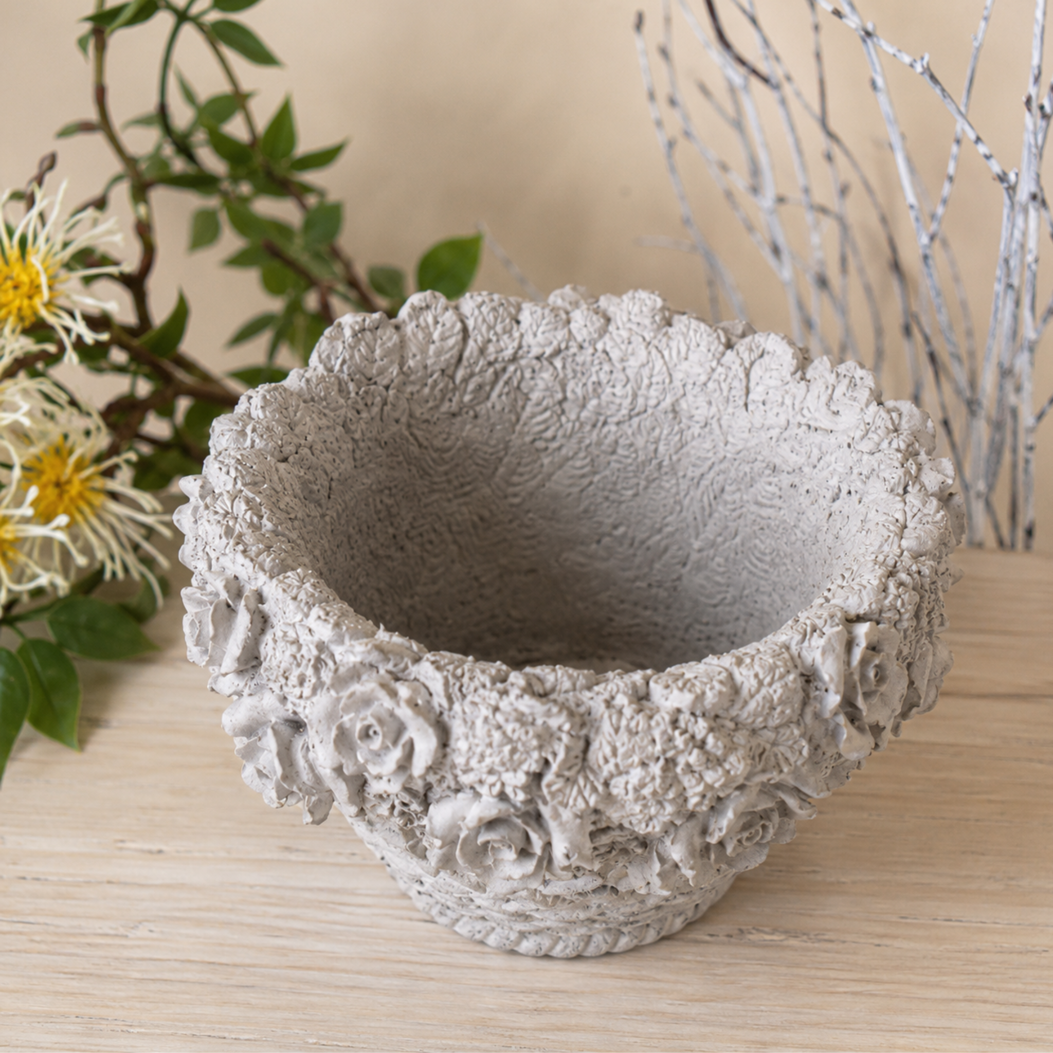 Basket-Weave Planter with 3D Roses | Concrete Planters | 5 Inch Pot