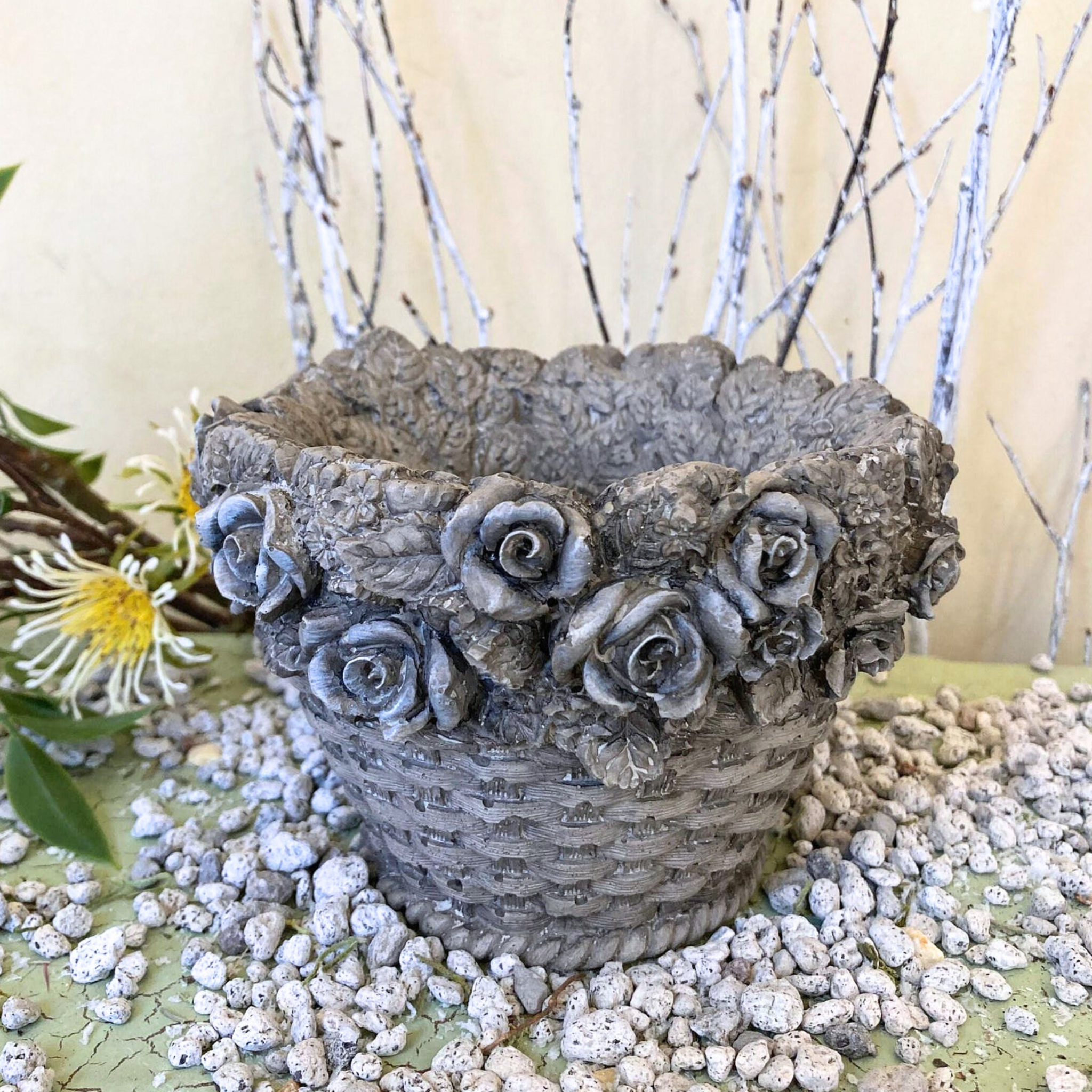 Basket-Weave Planter with 3D Roses | Concrete Planters | 5 Inch Pot