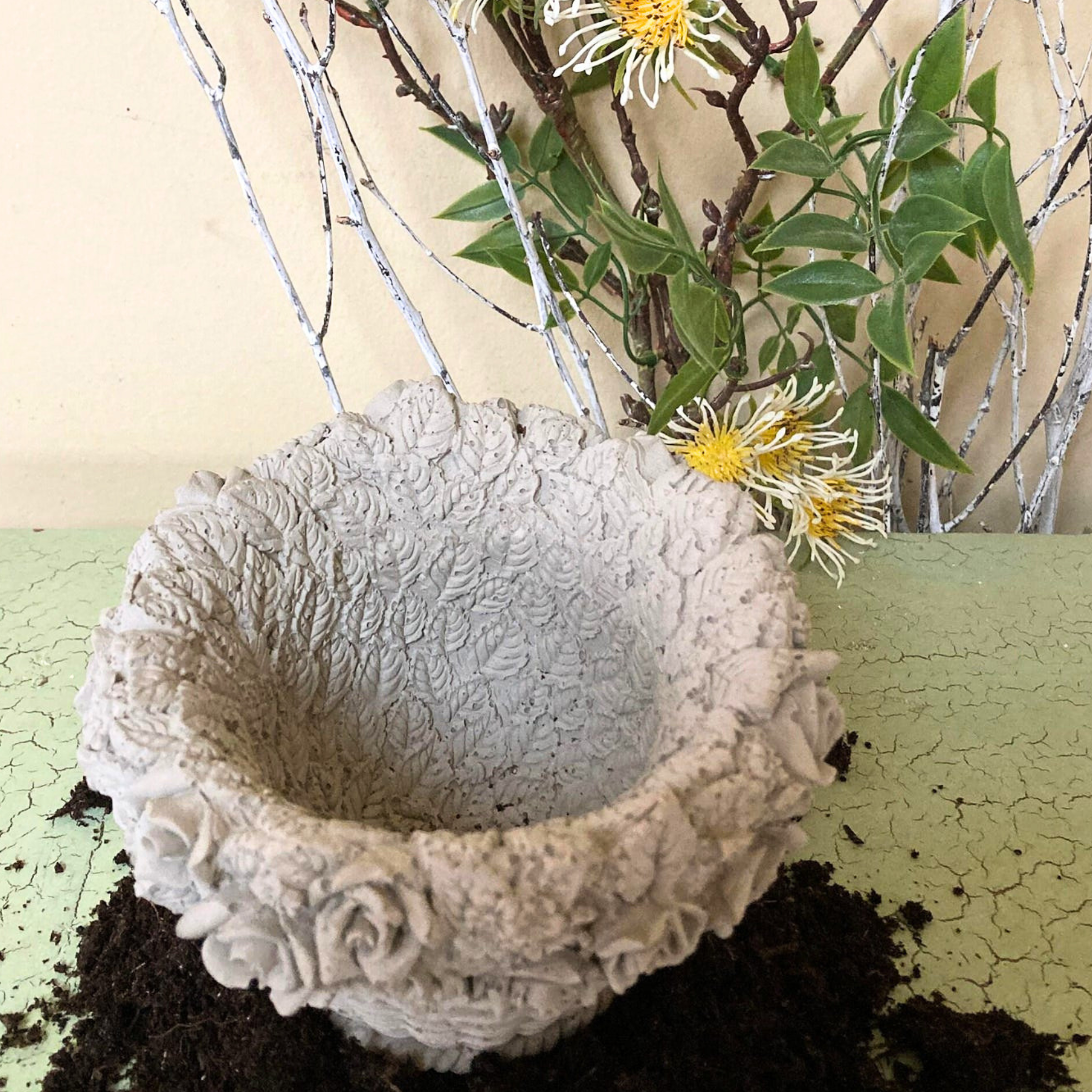 Basket-Weave Planter with 3D Roses | Concrete Planters | 5 Inch Pot