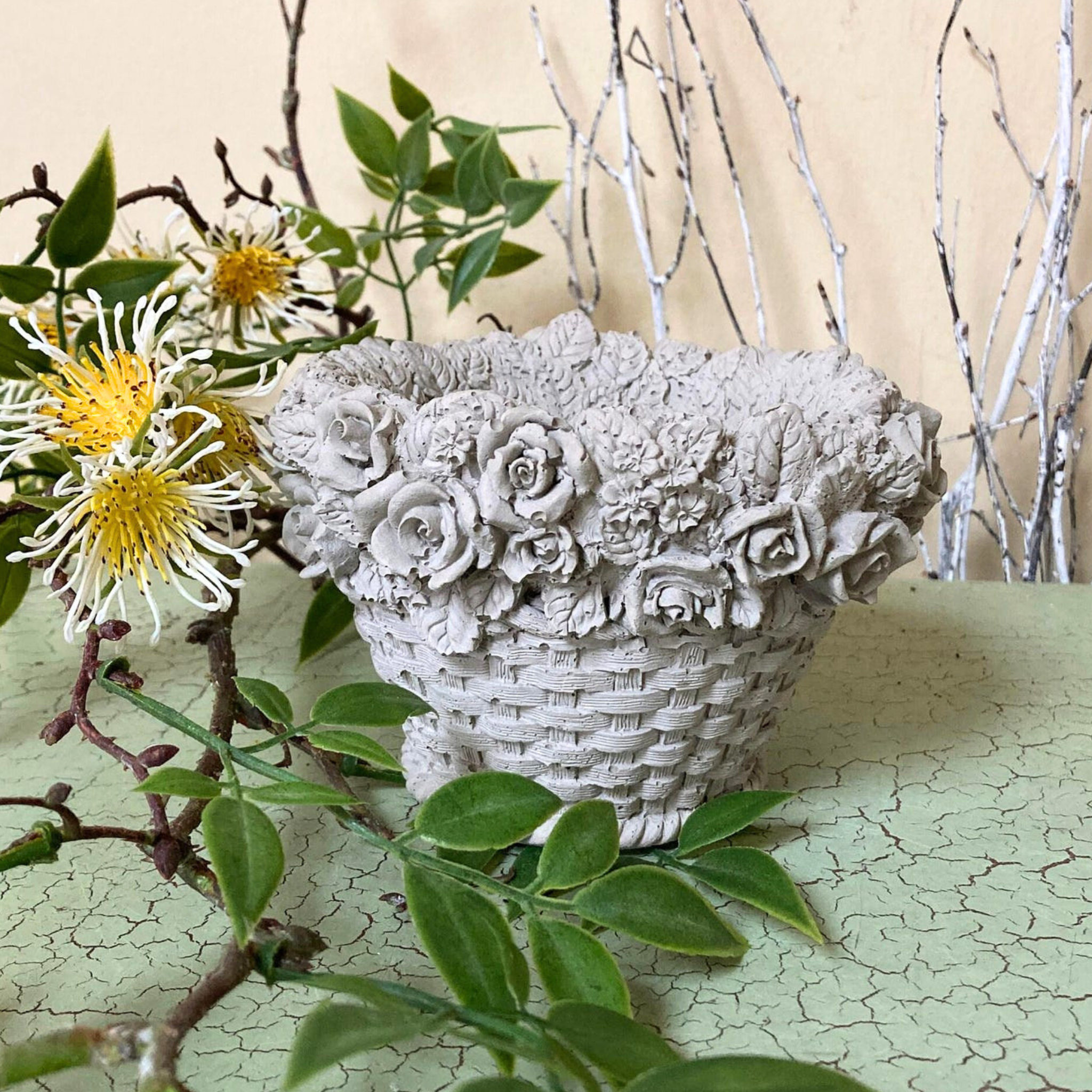 Basket-Weave Planter with 3D Roses | Concrete Planters | 5 Inch Pot