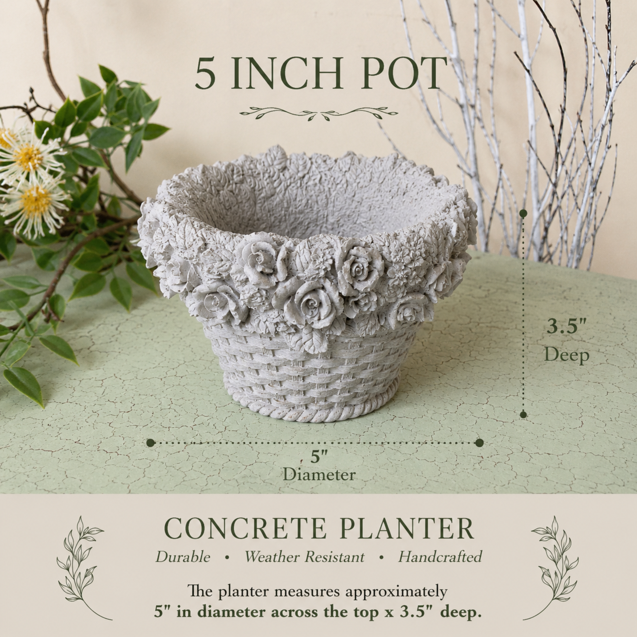 Basket-Weave Planter with 3D Roses | Concrete Planters | 5 Inch Pot