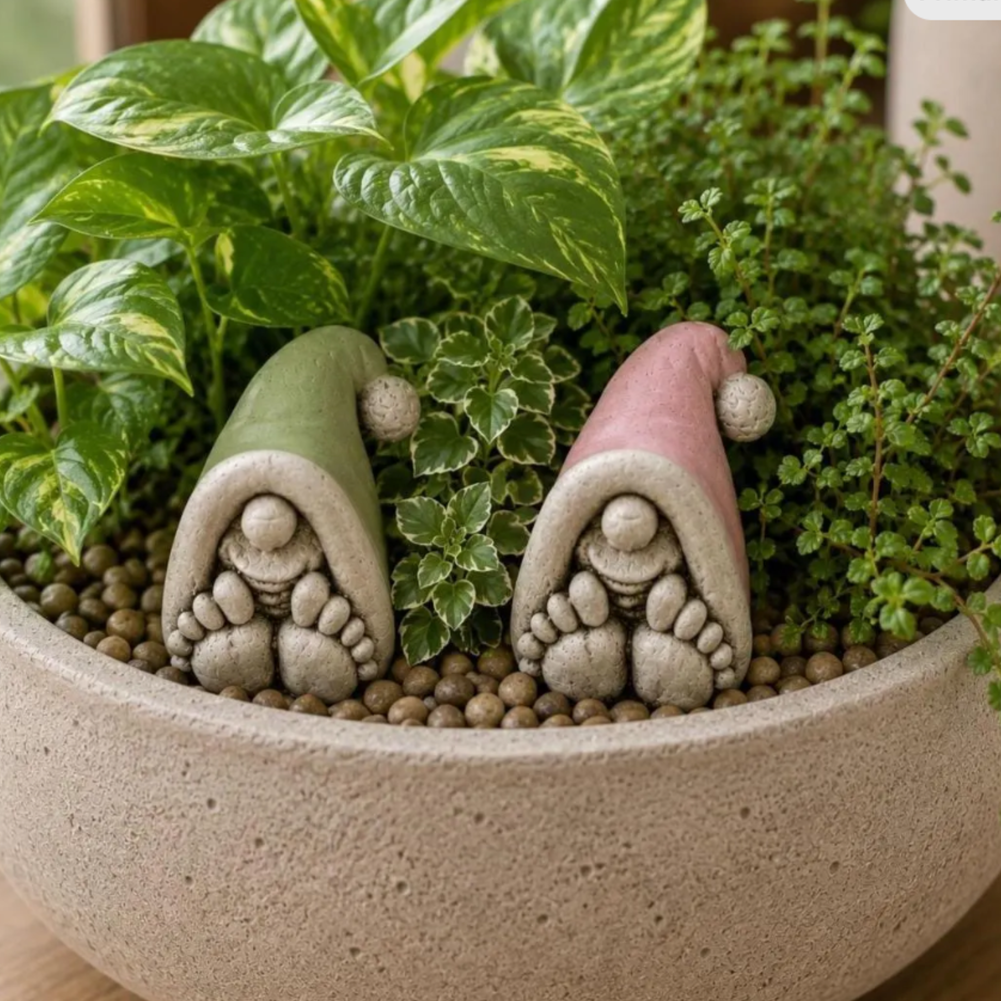 Two small stone garden gnomes with pink and green hats and both have big toes, tucked in a pot with plants