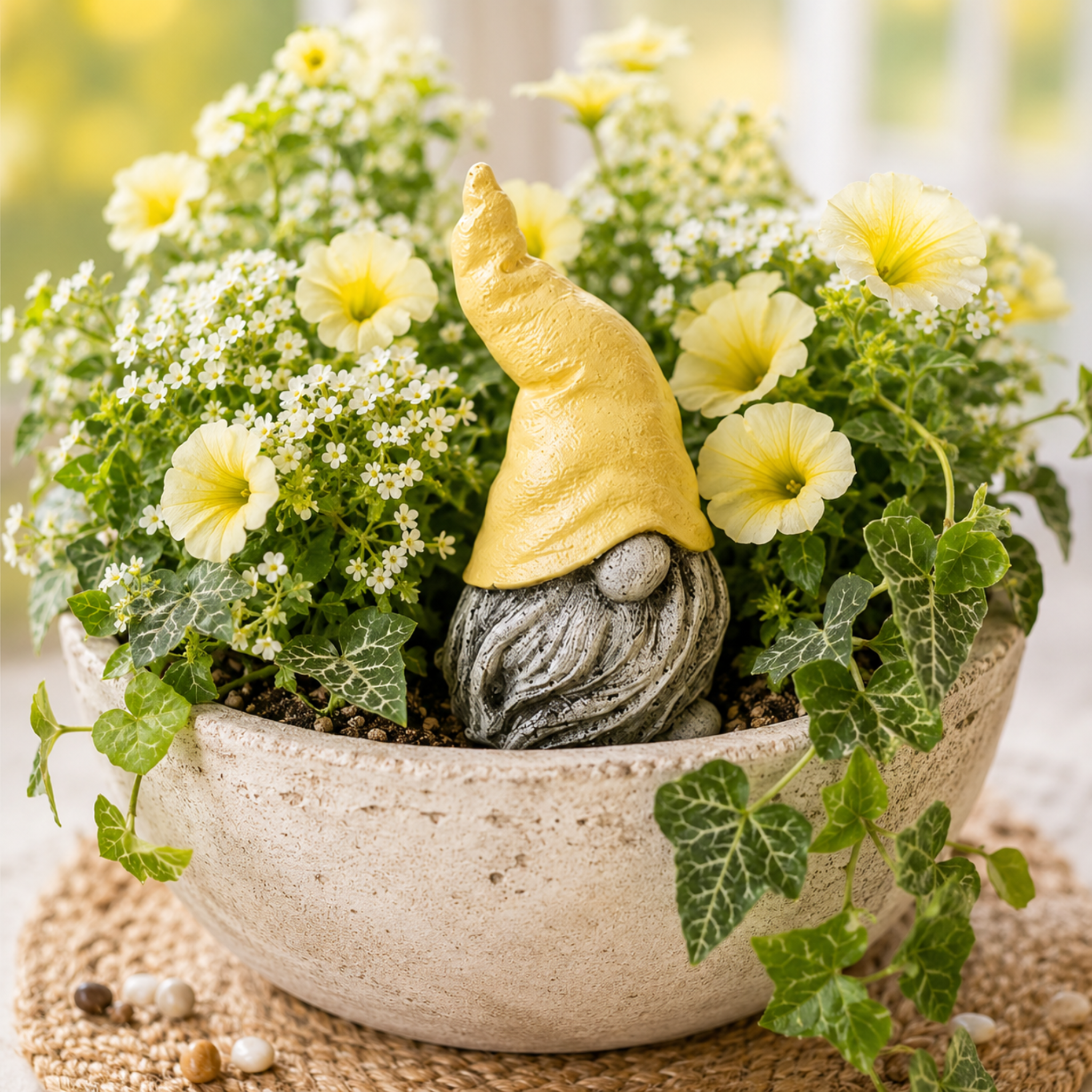 Gnome figurine in a pot with yellow flowers and greenery